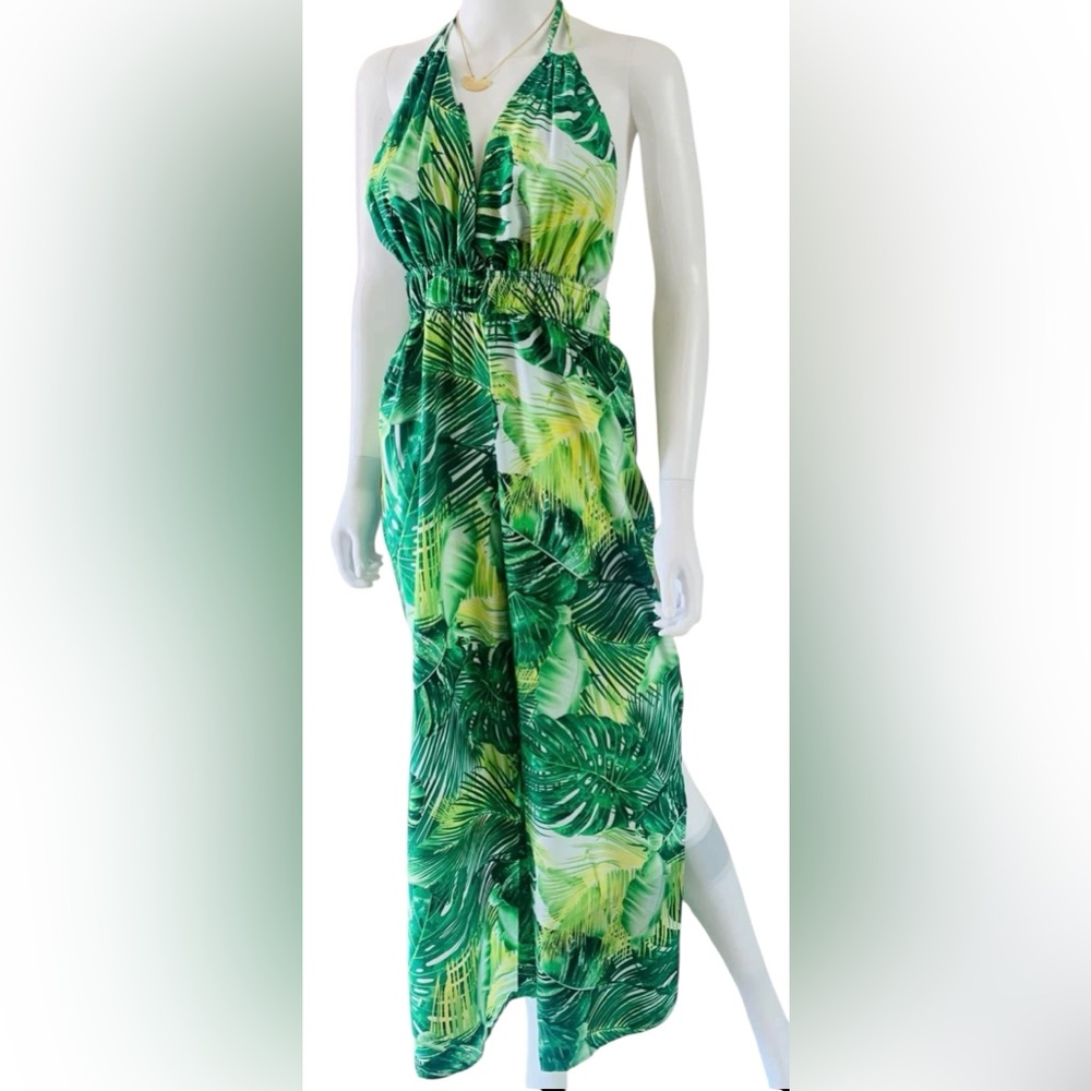 Tropical Green Leaf Print Jumpsuit - Picture 4 of 4